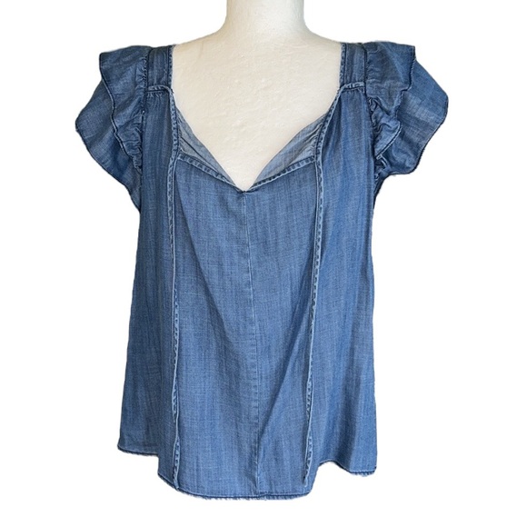 Current Air Blue Chambray Tie Neck Cutout Back Top - M - Picture 5 of 16